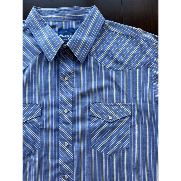 Vtg Western Shirt Wrangler Cowboy Pearl Snap Chambray Blue Striped Mens XXL 2XL - Picture 1 of 11